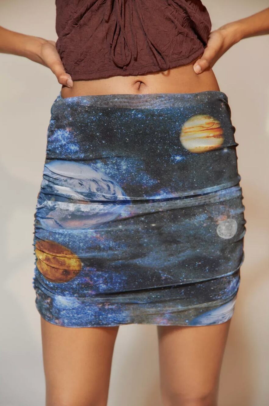 Urban Outfitters Space Planets Galaxy Ruched Mesh Mini Skirt Y2K Tumblr Cyber M